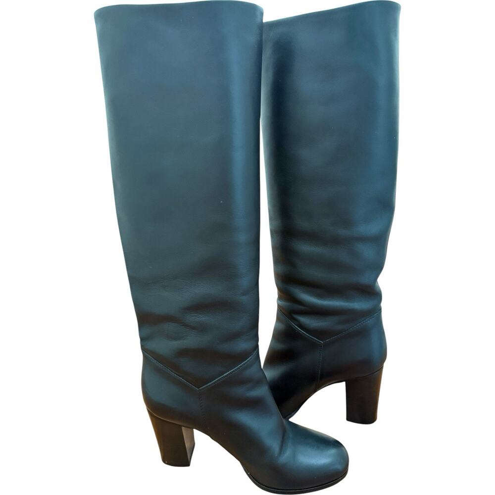 CHANEL Tall Black Leather Knee High Boots Size 38 CC Logo Block Heel - Picture 8 of 16